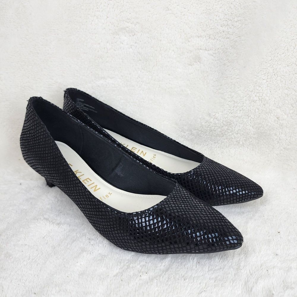 Anne Klein iFlex Womens Black Fish Skin Shimmer Faux Leather Mid Heel Pumps 7.5